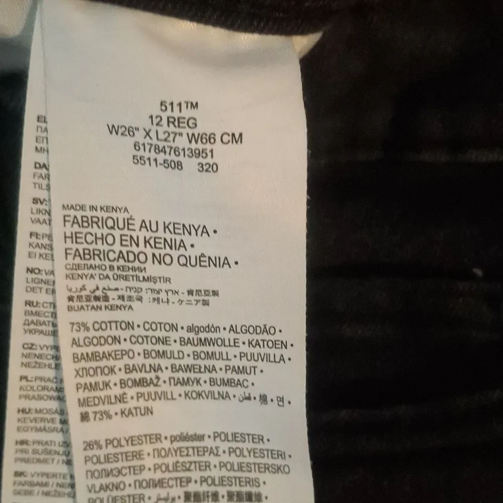 Levi's 511 Slim Black Denim Jeans size 12R